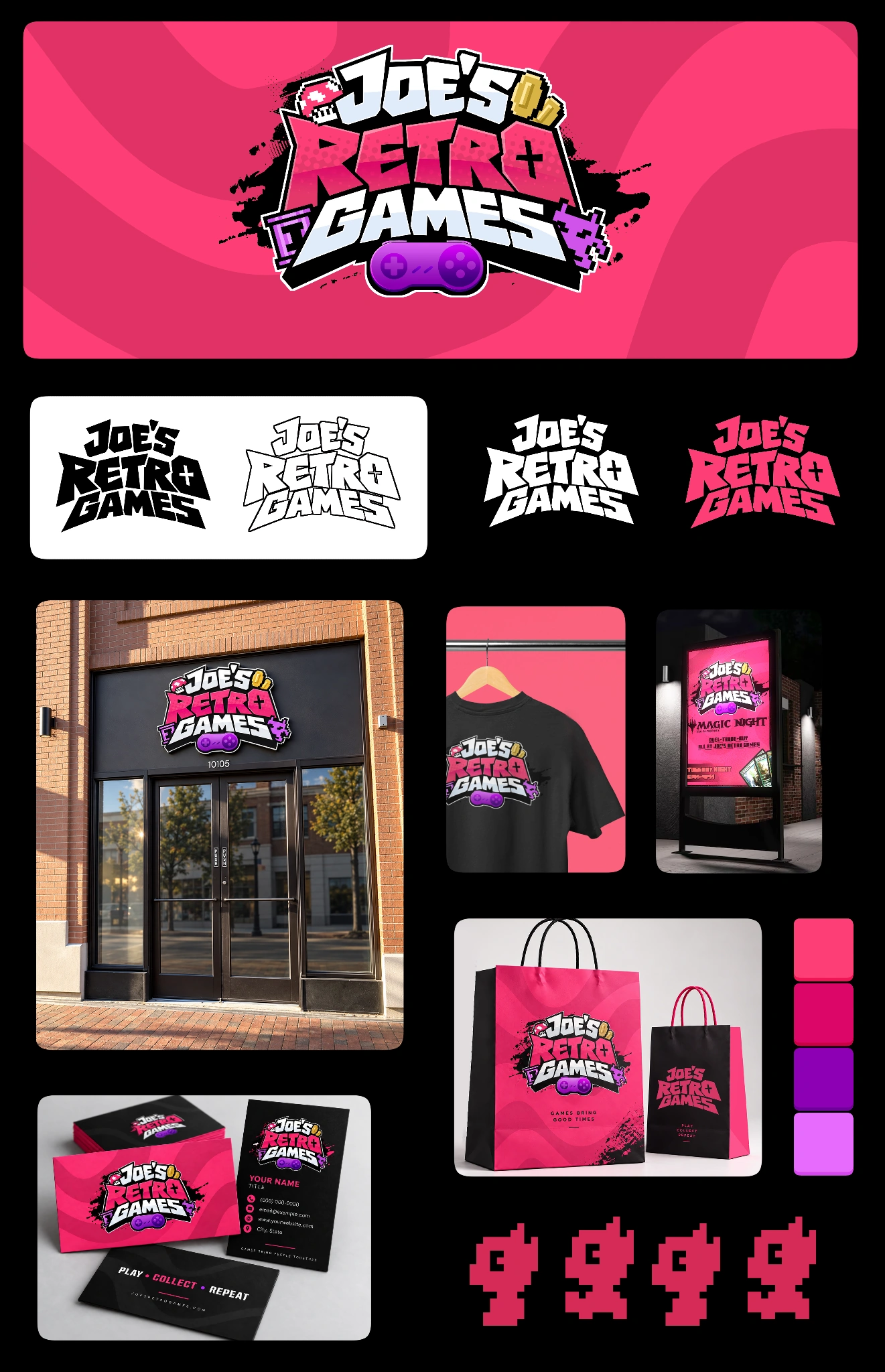 Joe’s Retro Games brand package showing logo variations, colors, storefront signage, apparel, shopping bags and business cards